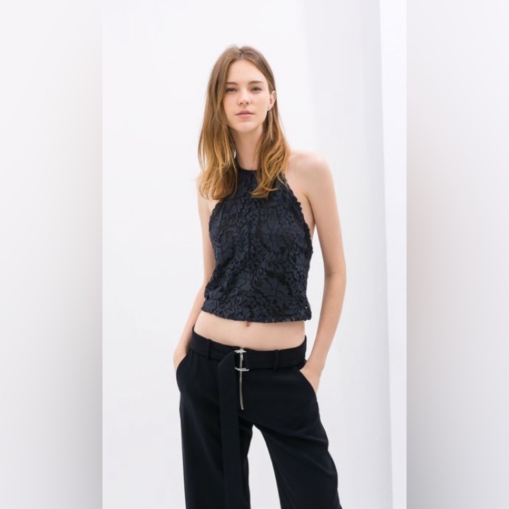 Zara Navy Guipure Lace Halter Top - Size Large - NWT